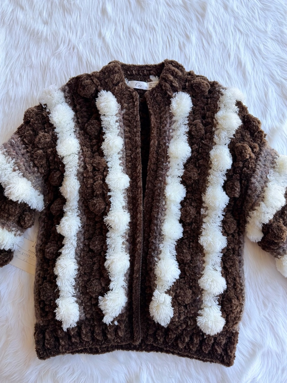 Vintage 90s Cee Brown Stripe Pom-Pom Fuzzy Zip Jacket Novelty Knit XL - Picture 7 of 13